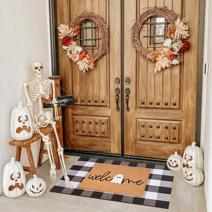 Halloween Door Mat Combo Set, Welcome Ghost Coco Coir Welcome Doormat + 28" x 43" Black and White Plaid Rug, Autumn Halloween Front Porch Entryway Decor Floor Mat