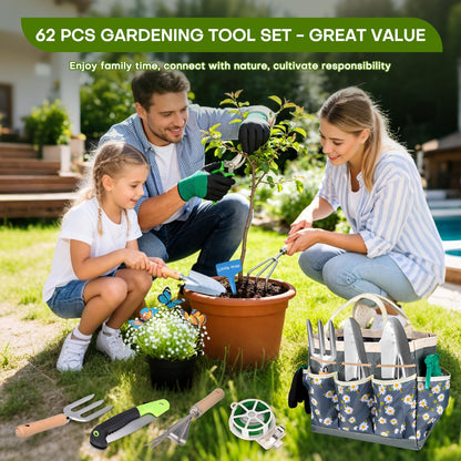 62-Piece Heavy-Duty Garden Tool Set, Complete Garden Tool Kit with Stainless Steel Shovel, Repotting Mat, Pruning Shear&Durable Gardening Tool Bag, Gardening Gift Set—Ideal Gift for Women/Men/Beginner