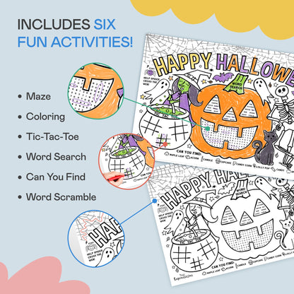 Tiny Expressions Halloween Placemats (Pack of 12 Pumpkin Placemats) | Coloring Activity Paper Table Mats for Parties & Events | Disposable Bulk Bundle Set