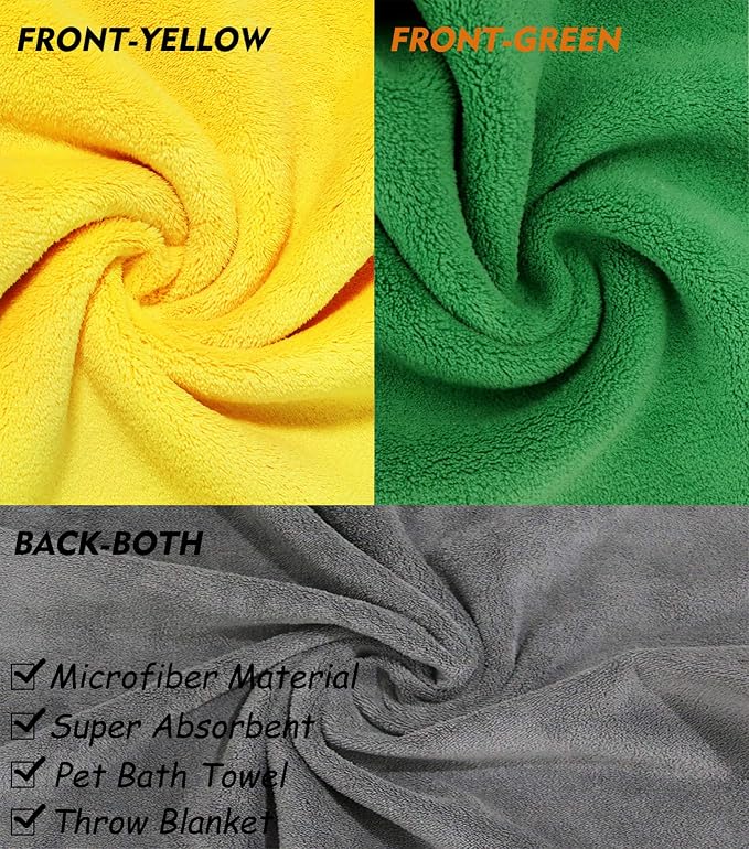 2 Pack Dog Towels Super Absorbent Pet Bath Towel Microfiber Dog Drying Towel for Small Dogs and Cats, Machine Washable, 11.8Inch x 23.6Inch, Yellow-Grey & Green-Grey