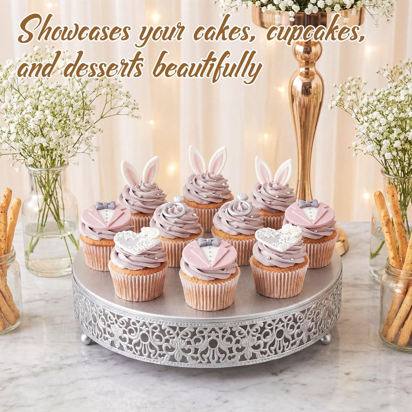 Wenqik 12 Inch Silver Cake Stand Set Metal Round Cupcake Dessert Stand with Cake Cutting, Spatula Wedding Cupcake Pastry Display Candy Holder Display for Wedding Party Birthday Baby Shower(Classic)