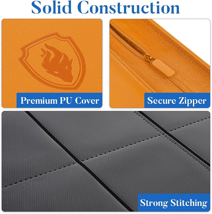 Premium Zip Card Binder, Fabmaker 9 Pocket Trading Card Binder, PU Cover Zipper Card Collection Album, Sturdy 360 Side-Loading Card Folder Holder for Game & Sports Cards, Orange