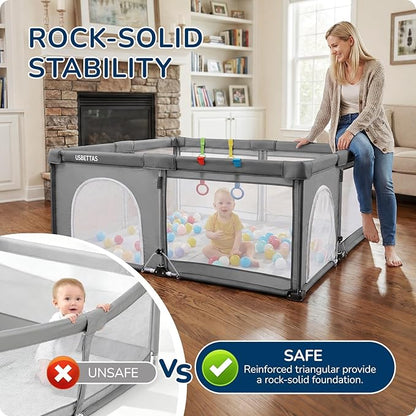 Foldable Baby Playpen, 1-Minute Setup, Lightweight Portable Playpen with Carry Bag, 59"x71" Indoor Outdoor Safty Play Yard for Babies & Toddlers, Dark Gray