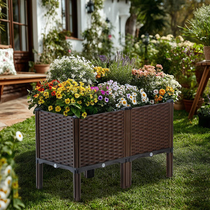 Rattan Raised Garden Bed with Legs-Rectangular Elevated Deep Planters for Outdoor Plants, Self Watering Planter Box 32"L x 16"W x 20"H, Rectangular Deep Garden Bed for Vegetables, Flowers, Herbs