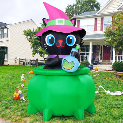 GOOSH 6 FT Halloween Inflatables Cat with Witch Cauldron Decoration Blow Up Yard Decoration with LED Lights Built-in for Holiday Lawn Party Yard Garden