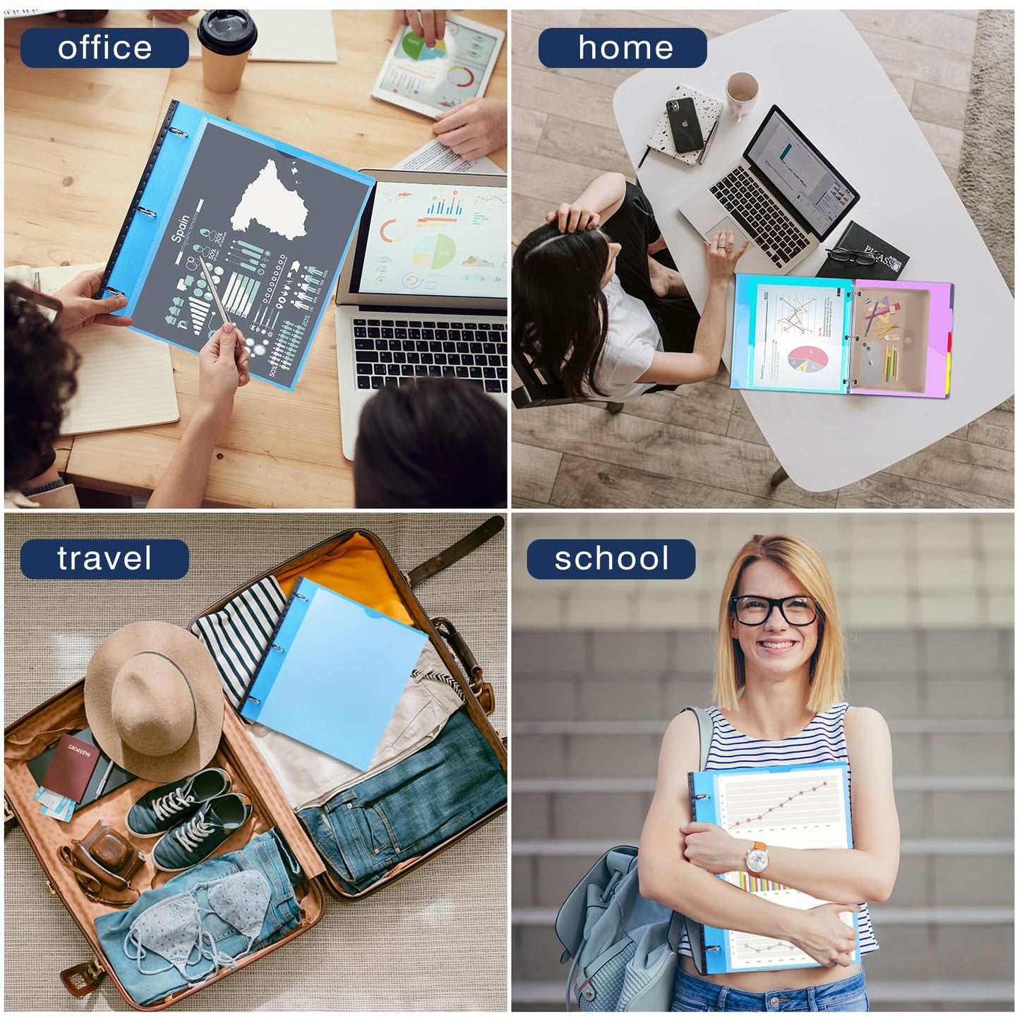 INFUN 1 Inch Telescoping Project Organizer Binder-2PCS,13 Pocket, Customizable Front Cover, 5 Colors Pocket Divider and Plastic Binder Pocket，225 Sheet Capacity-Blue