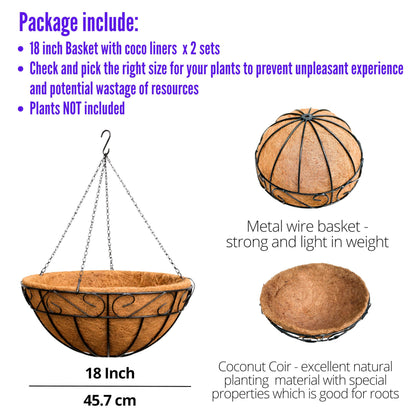 LaLaGreen Hanging Planter for Outdoor Plants (18 Inch, 2 Pack) Black Hanging Baskets with Coco Liner, Also Available in 8/12/14/16/18/20 Inch and Different Shapes Balcony Porch Farmhouse Country Decor