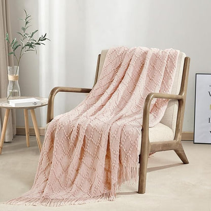 BOURINA Pink Throw Blanket 50 x70 Inches Jacquard Argyle Throw Textured Solid Soft Throws and Blankets for Sofa or Bed Knitted Decorative Blanket