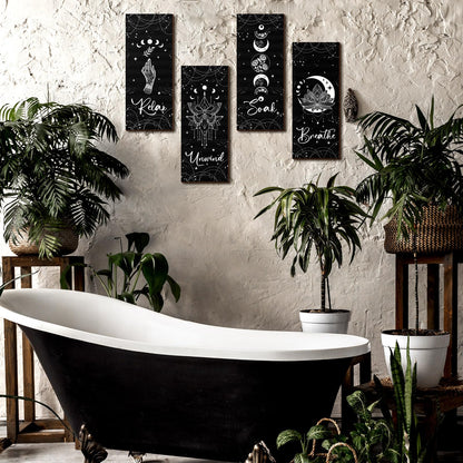 Qunclay 4 Pcs Moon Phase Wall Decor Rustic Boho Wall Art Gothic Witchy Hanging Wooden Ornament Farmhouse Moon Sign for Bedroom Living Room Home Decorations(Black,White)