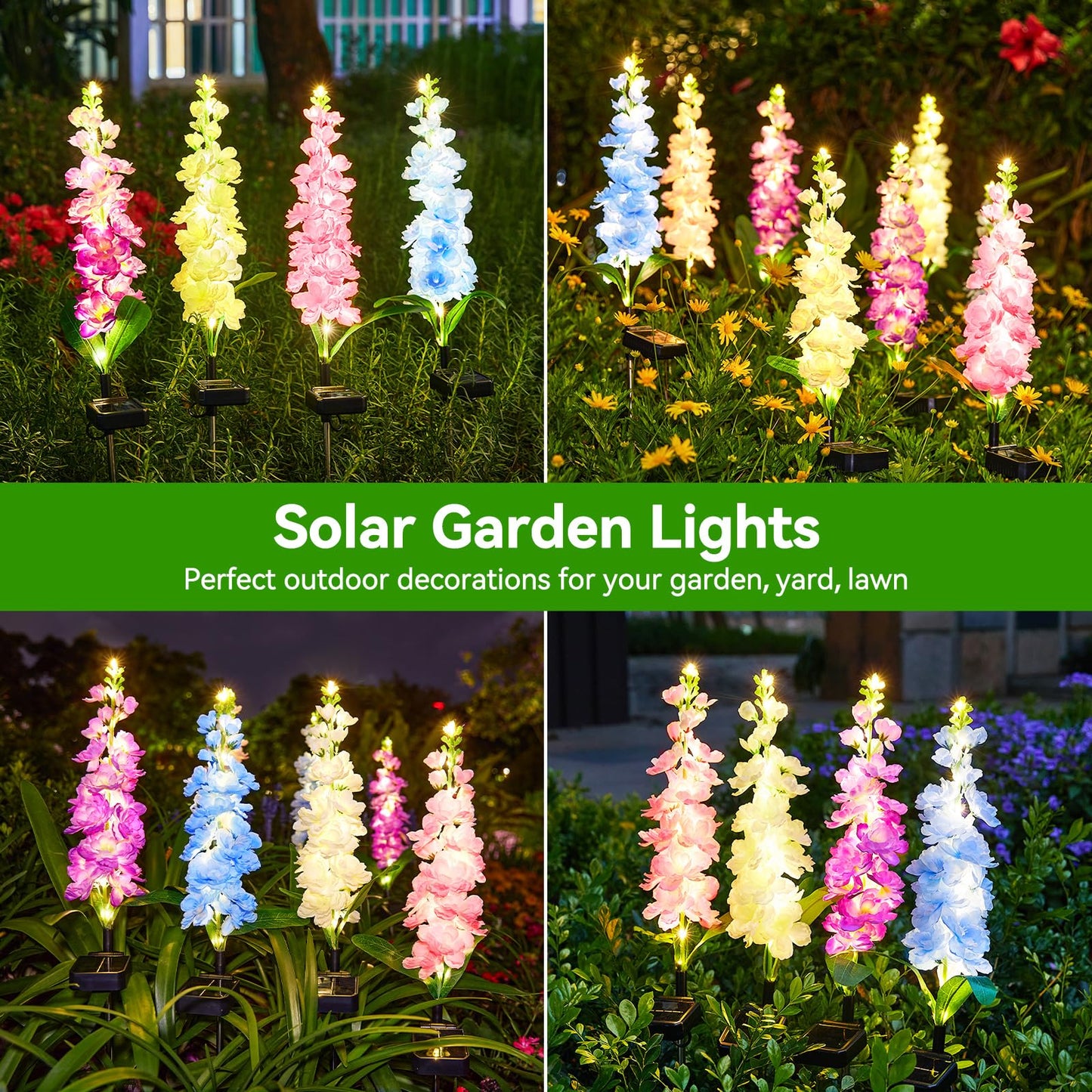 KOOPER Solar Lights Outdoor Garden Decor, 4 Pack Upgraded Delphinium Solar Garden Lights with 36 LEDs, Vivid Flowers Outdoor Waterproof for Landscape Patio Yard Decor
