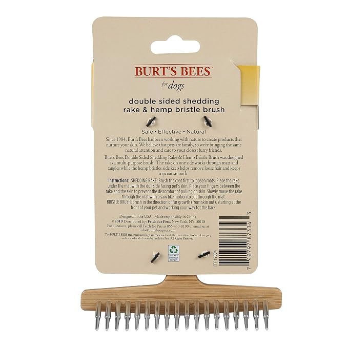 BURT'S BEES FOR PETS Brown Oblong Double Sided Dog Brush - All Hair Types, Unisex, 0.2 lbs, Hemp Bristle for Detangling, Shedding Rake for Mats Removal