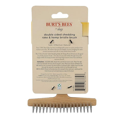 BURT'S BEES FOR PETS Brown Oblong Double Sided Dog Brush - All Hair Types, Unisex, 0.2 lbs, Hemp Bristle for Detangling, Shedding Rake for Mats Removal