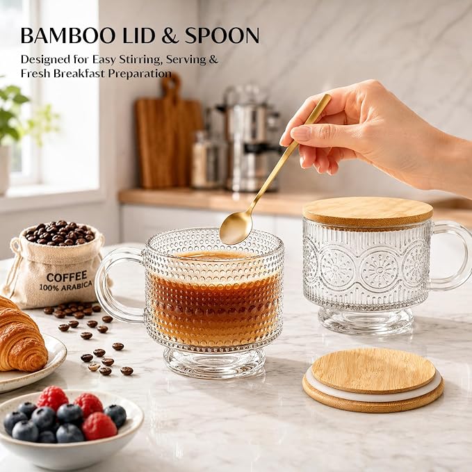 INSETLAN Vintage Glass Coffee Mugs 14 oz Set of 2, Embossed Overnight Oats Containers with Bamboo Lids and Spoons, Glass Coffee Cups for Tea, Cappuccino, Latte, Cereal and Yogurt, Gifts for Women