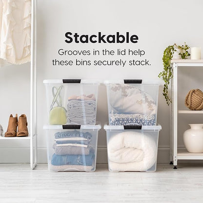 IRIS USA 72 QT Plastic Storage Box with Lid and Latches - 4 Pack - BPA-Free, See-Through Organizing Solution, Durable Nestable Stackable Containers, Secure Pull Handle - Clear