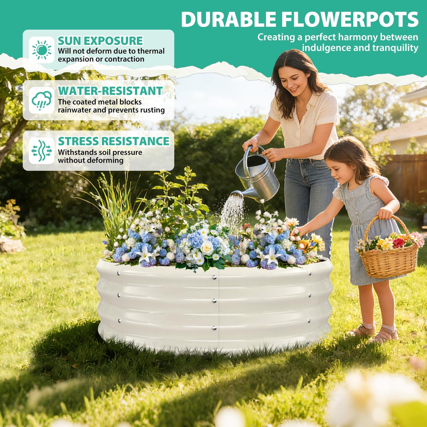 YSEJOMP 3FT Diameter Galvanized Garden Raised Bed/Plant Box/Fire Pit Ring - 0.8mm Thick,12 Inch Tall,Perfect for Planting a Variety of Flowers,Herbs,Vegetables (Cream White, 36 Dia X 12 inches)