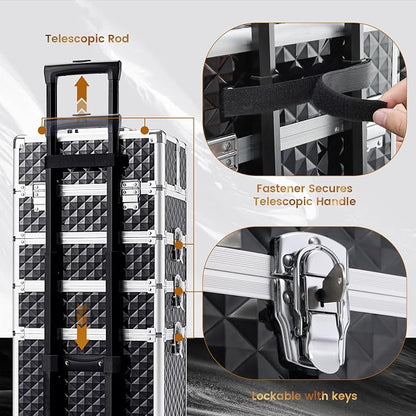 Stagiant Rolling Makeup Case Cosmetology Case on Wheels 4 in 1 Large Cosmetic Organizer Train Case Makeup Travel Case with Key Swivel Wheels Nail Artist Salon Storage Traveling Cart Trunk Black