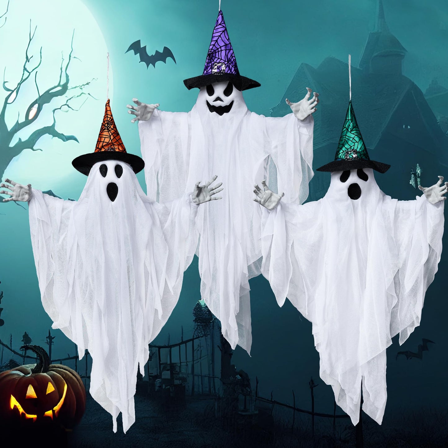 JOYIN 3 Pack 24.8" Halloween Hanging Ghost Decorations, Halloween White Flying Ghosts with Hats for Haunted House Graveyard Scene, Spooky Indoor and Outdoor Decor