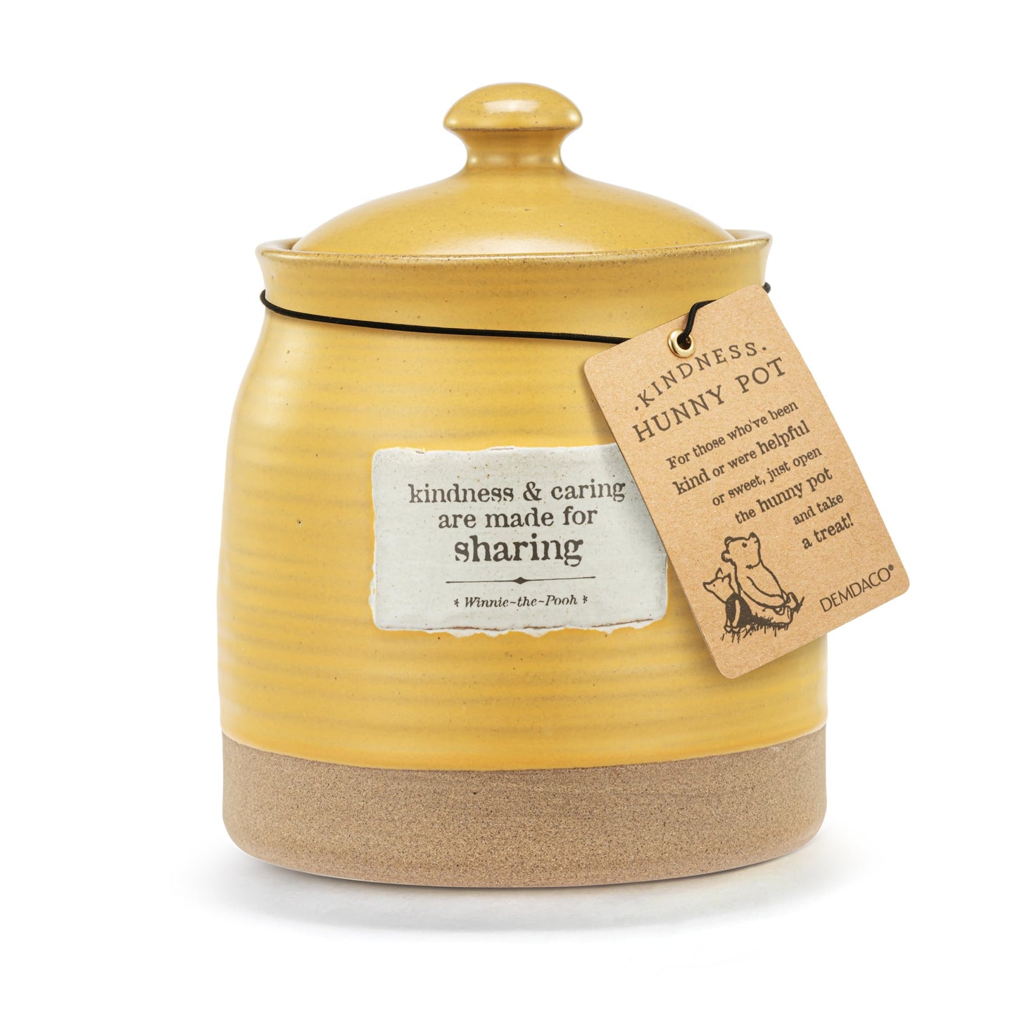 DEMDACO Winnie-the-Pooh Yellow Stoneware Kindness Honey Pot - Honey Pot Cookie Jar - Countertop Snack Jar - Simple Color Palette - Hand-Thrown Feel - Raw Clay-Like Bottom - Whimsical Design