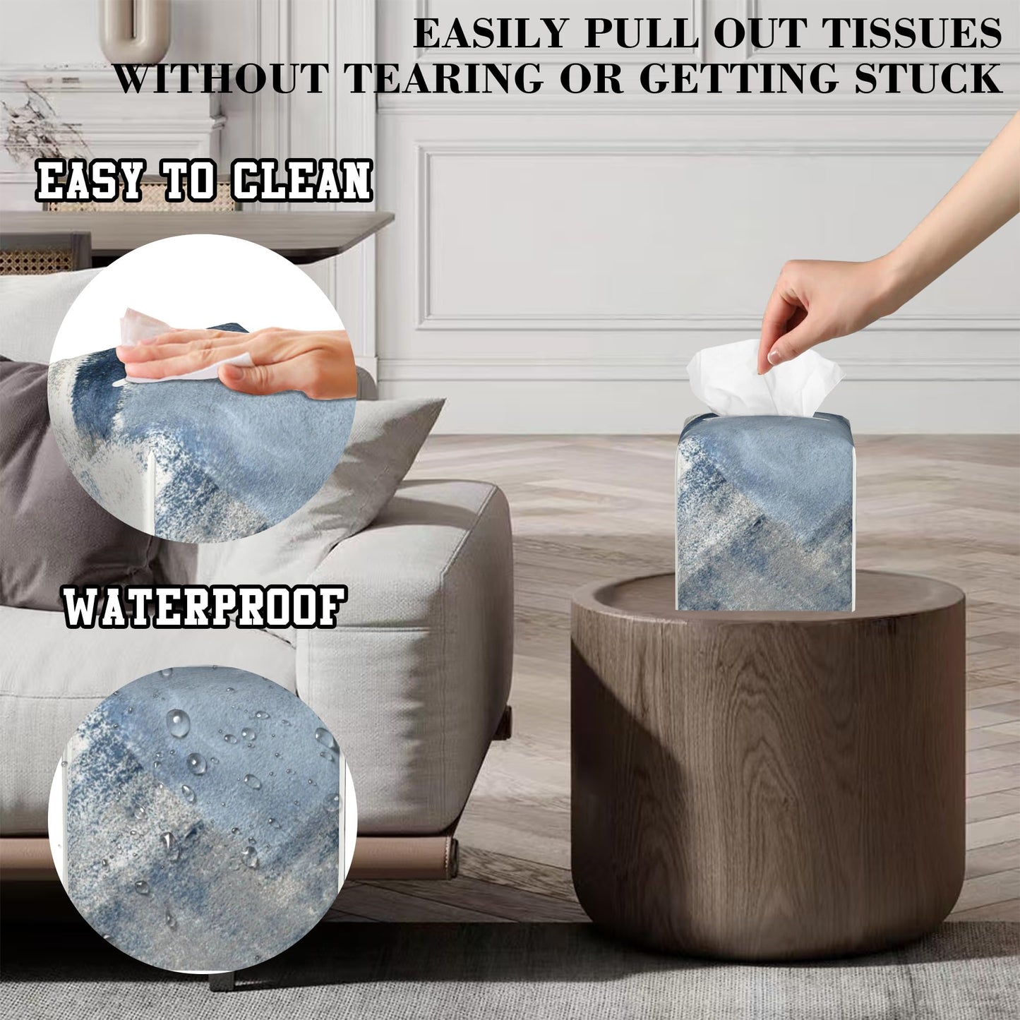 OHEGBXE Tissue Box Holder Blue and Grey Abstract Art Square Leather Tissue Box Cover Modern Cube Facial Paper Cover Case for Bathroom Vanity Countertop Night Stands Tabletop