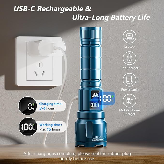 WdtPro LED Rechargeable Flashlight 2 Pack, 3 Modes Super Bright High Lumens Flashlights, Zoomable Tactical Flash Light with LCD Display, IP65 Waterproof Flashlights for Home Emergency Camping - Blue