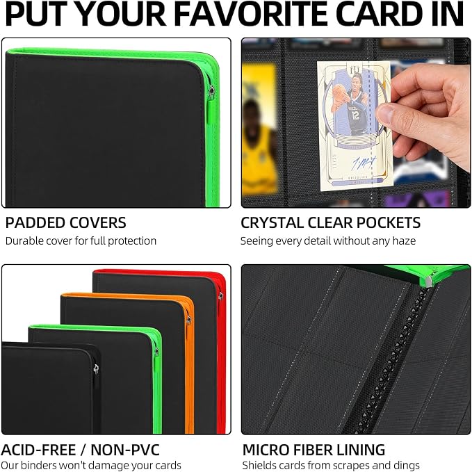 Premium Trading Card Storage Album,9 Pocket 40 Side Pages, 360 Cards,Black Zipper Binder for Collectible Games, Sports Card Organization&Protection (Black Red)
