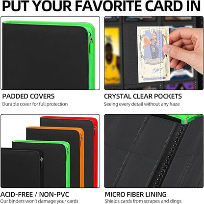 Premium Trading Card Storage Album,9 Pocket 40 Side Pages, 360 Cards,Black Zipper Binder for Collectible Games, Sports Card Organization&Protection (Black Fluorescent Green Light)