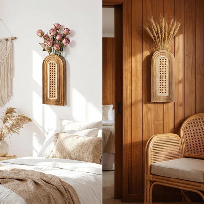 Dnnnii 2 Pack Wooden Wall Vase Set - Brown Finish Hollow Rattan Modern Farmhouse & Boho Wall Decor for Entryway, Hallway, Bathroom, Living Room, Dining Room, Narrow Spaces