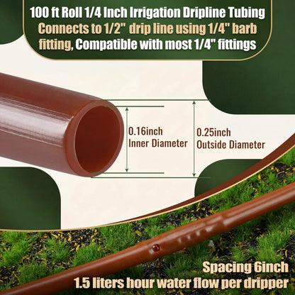 Innconee 100 ft 1/4 Inch Drip Irrigation Tubing with 6" Emitter Spacing Brown Hydroponics Dripline Hose Irrigation Drip Line Emitter Tubing Parts for Gardens Greenhouses Bed Flower Efficient Watering