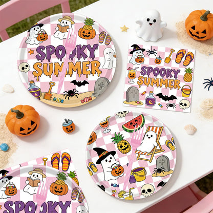 Gameza Summer Halloween Party Decorations - 96PCS Happy Summer Halloween Party Plates Napkins and Forks Disposable Tableware Set, Ghost Spooky Ween Vibes Holiday Party Supplies Decor, Serve 24