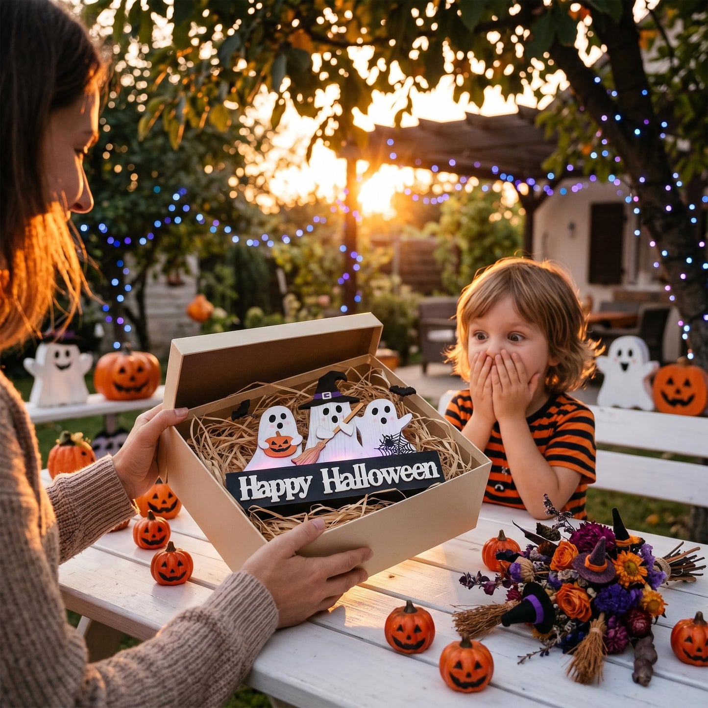 Valery Madelyn Halloween Decorations with Purple LED Lights, Lighted Halloween Ghost Decor, Tabletop Sign with Witch Hat Broom Bats Jack O Lantern for Home Party Indoor, 12 Inch