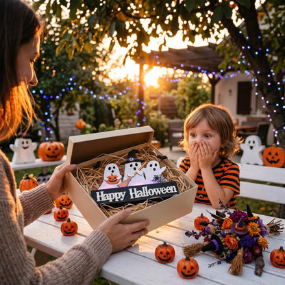 Valery Madelyn Halloween Decorations with Purple LED Lights, Lighted Halloween Ghost Decor, Tabletop Sign with Witch Hat Broom Bats Jack O Lantern for Home Party Indoor, 8 Inch