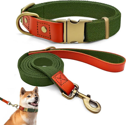 Dog Collar and Leash Set with Metal Quick Release Buckle, Adjustable, Breathable Nylon, Durable, Soft and Comfortable, No Pull for Walking and Training, Green, L (14.9"-22.8")