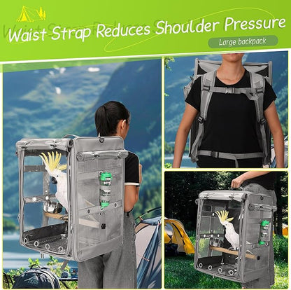 Bird Carrier Travel Cage, Cockatoo Carrier, Parrot Travel Backpack with Unbreakable Stainless Steel Mesh, Perch, Water Bottle and Food Bowl, X-Large Grey
