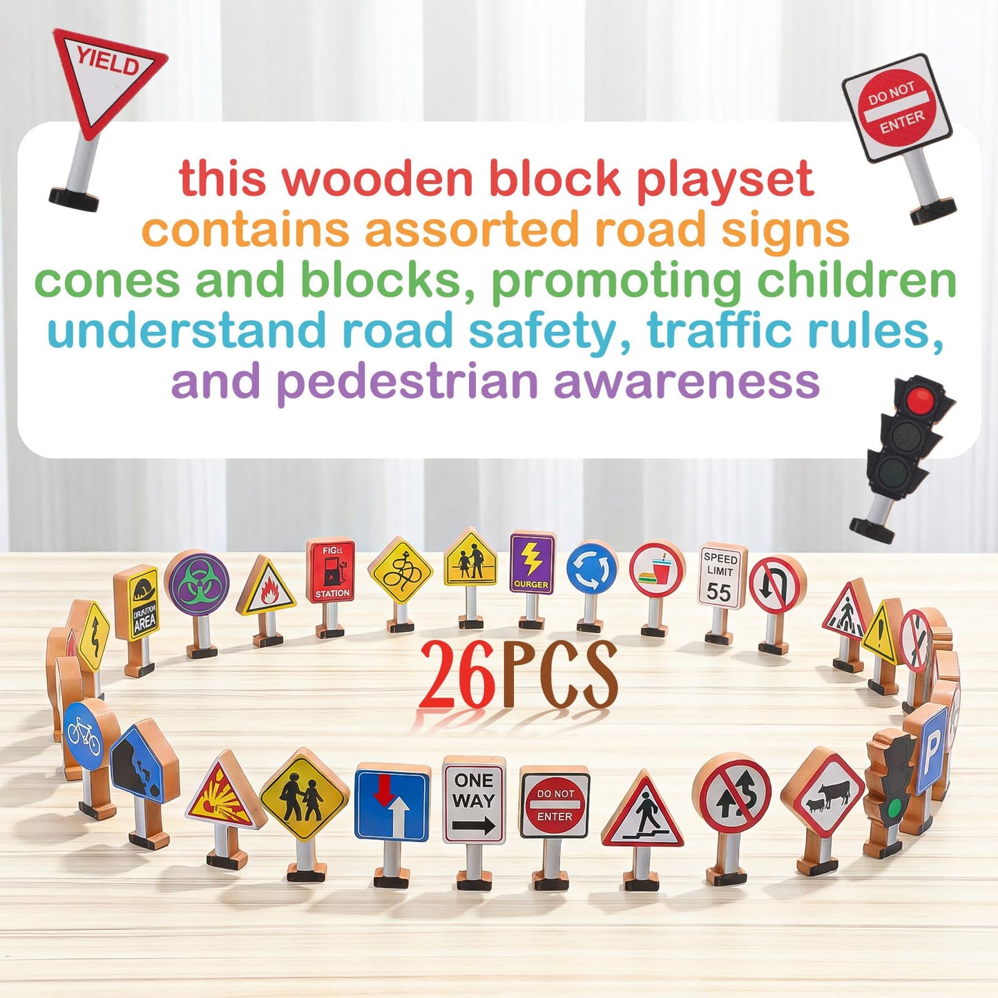 Blosssound Wooden Toys Set for Preschool Classroom - Multicultural Career People Blocks Educational Wooden Play for Kids Learning Toys Play Games Activity Supplies(32 Pcs,Traffic Signals)
