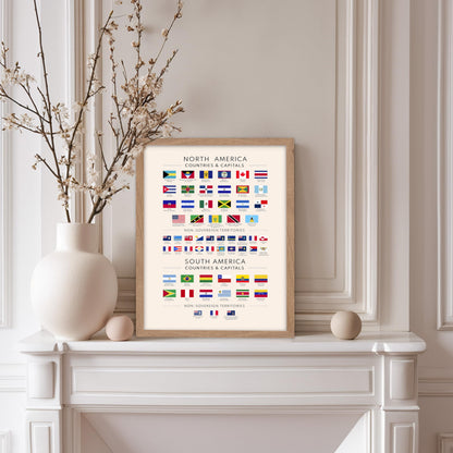 Poster Master Flags of the Americas Poster - North & South American Countries & Capitals Print - Educational Art - Gift for Student & Teacher - Decor for Classroom or Library, 11x14 Beige Framed