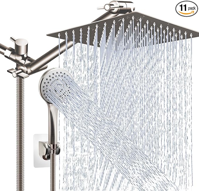 Shower Head Combo(Brushed Nickel),10'' High Pressure Rain Shower Head with 11'' Adjustable Extension Arm and 5 Settings Handheld,Powerful Shower Spray Against Low Pressure Water