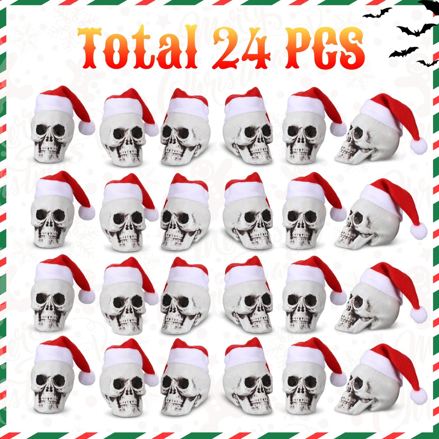 Lenwen 24 Pcs Mini Hanging Skull Heads Santa Hat Halloween Skeleton Head Tree Ornament Decorations for Holiday Party Xmas Tree Decor(3.15 Inch)