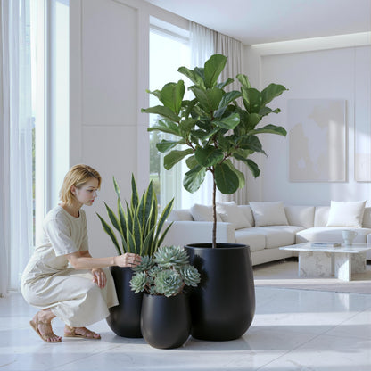 DTY Premium Mt Wilson Tall Tapered Fiberstone Planter for Indoor Outdoor Use, Modern Large Olive Tree Pot with Drainage Hole, Includes 2 Coco Mats. Black, Medium 15'' D x 16.7” H. 11.2” Pot Opening