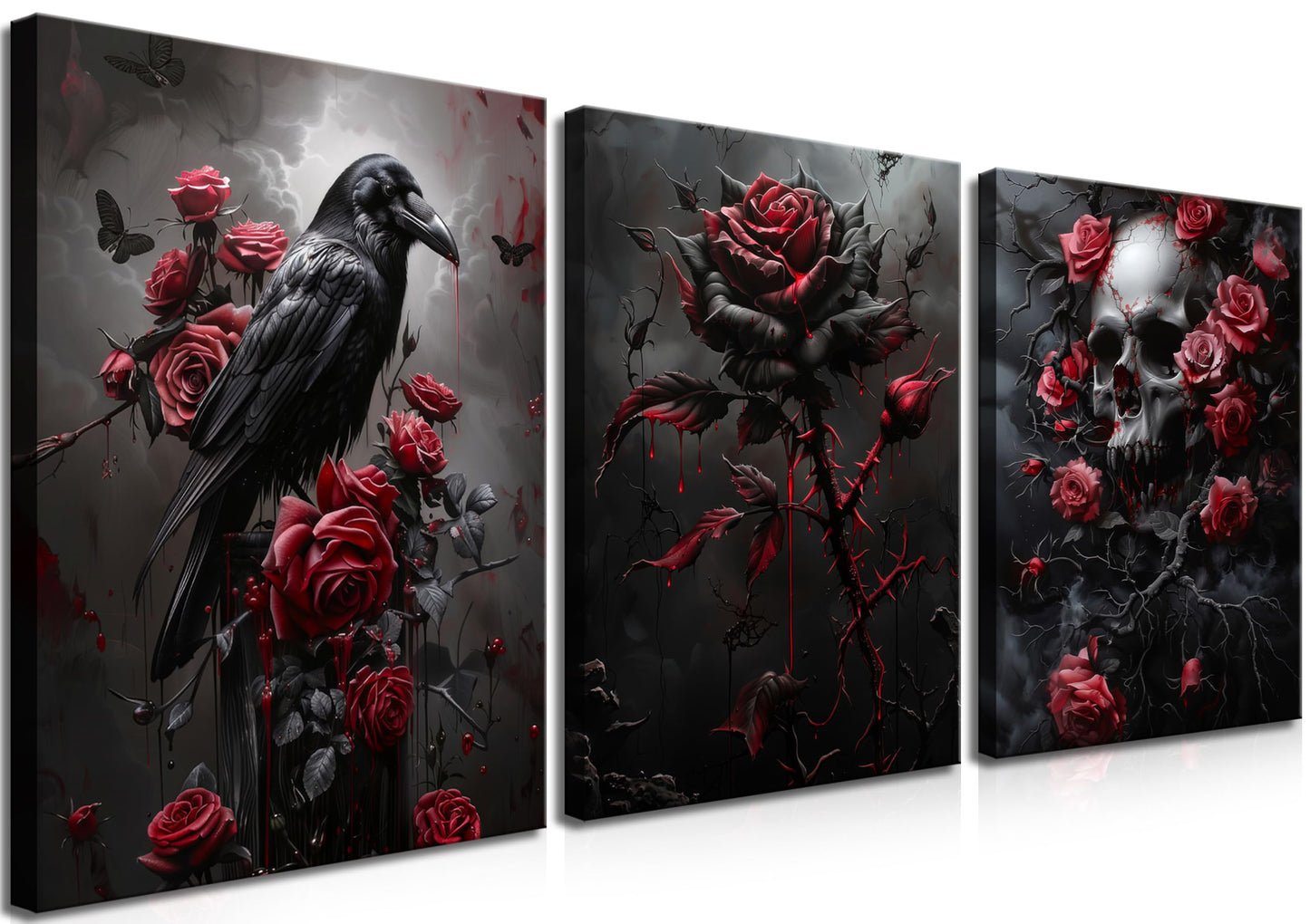 Gothic Canvas Wall Art Set of 3, Romantic Rose Halloween Wall Decor Paintings, Dark Goth Crow Skull Posters Prints for Bathroom Living Room Gallery Home Decor 12x16In Framed