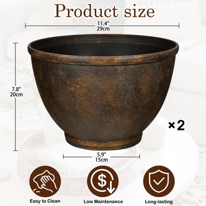 Hollyone Set of 2 Outdoor Planter 11.5 inch Plant Pot Plastic Pots for Plants Planters for Outdoor Indoor Plants with Drainage Hole Round Plant Pot Flower Pots Garden Decorations Brown