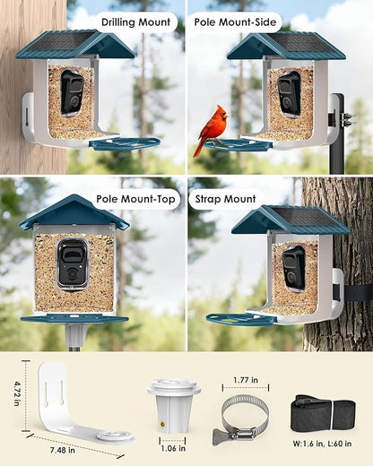 Bird Feeder with Camera Solar Powered, 2K Live Arrival Alert Auto Capture Video with 32GB TF Card, AI Identify Smart Camera Bird Feeder Ourdoor Backyard Gift for Mom Dad Birdlover, 2.4G WiFi