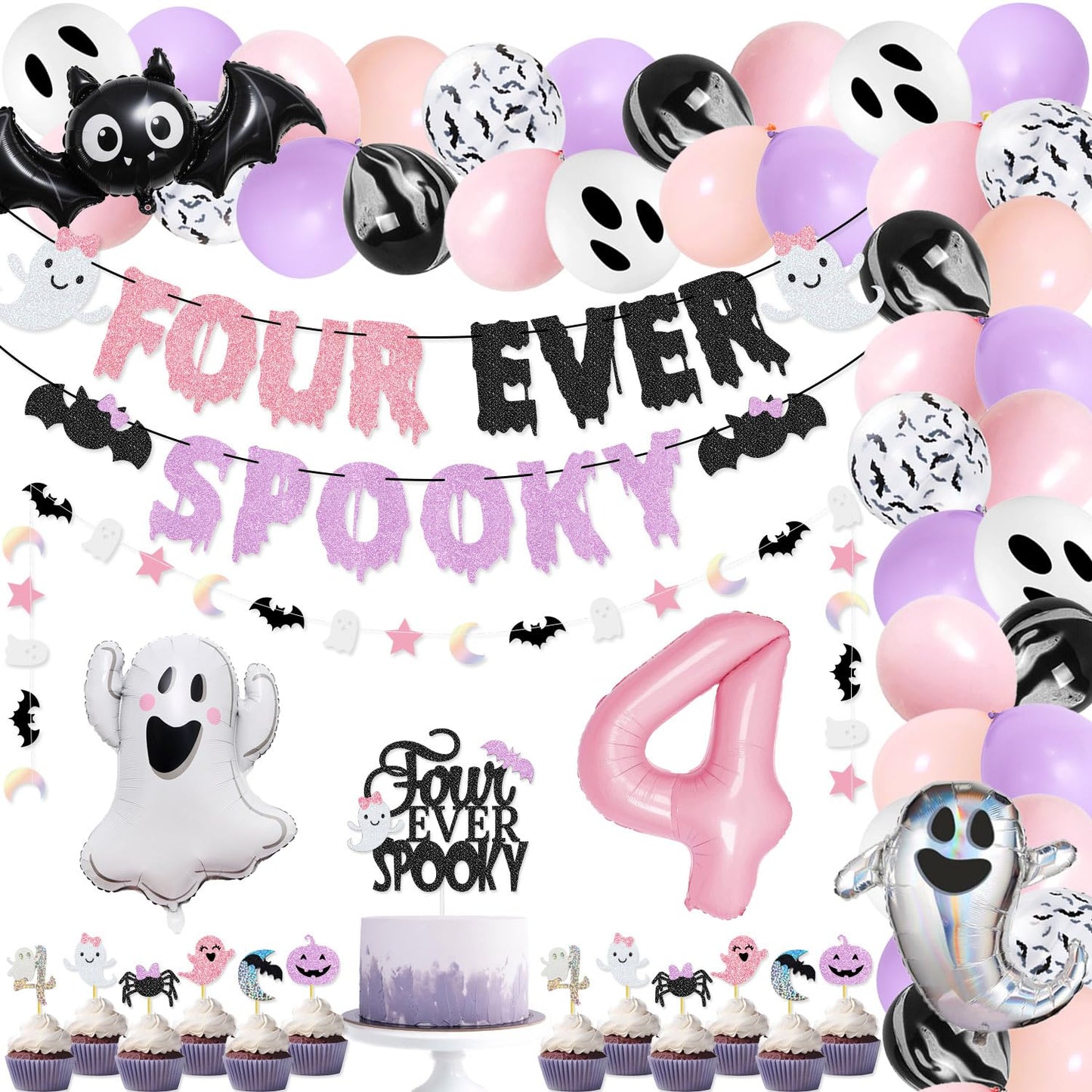 Four Ever Spooky Halloween Birthday Party Pack Four Ever Spooky Banner Cake Topper Ghost Bat Balloons for Girls' Pink and Purle Halloween 4th Birthday Party Decorations