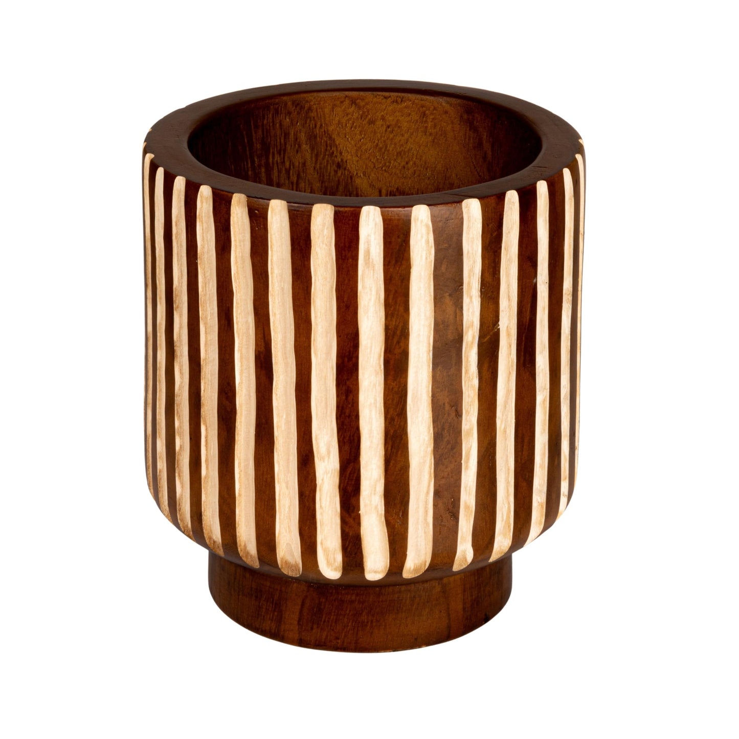 Creative Co-Op Hand-Carved Wood Planter with Stripes, Walnut Finish