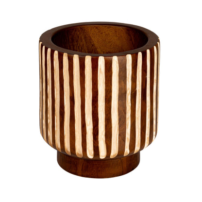 Creative Co-Op Hand-Carved Wood Planter with Stripes, Walnut Finish