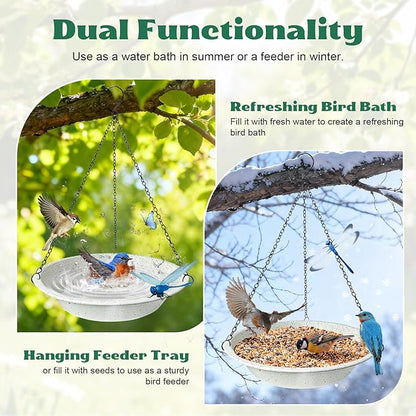 Hanging Bird Bath for Outdoor,Gray Speckled Granite Look Metal Bird Feeder Birdbath Bowl with 17” Rust-Proof Black Chains for Garden Backyard Decor