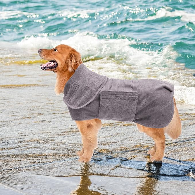 Geyecete Dog Drying Coat - Fast Drying Dog Bath Robe Towel - Microfibre Super Absorbent, Luxuriously Soft - Gray - S