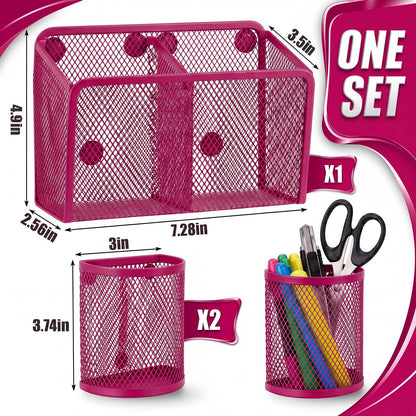 Marspark 3 Pcs Magnetic Pen Holder Set Metal Pencil Holder with Strong Magnets Wire Mesh Storage Basket Organizer for Locker Accessories Whiteboard Refrigerator School Office Dorm(Pink)
