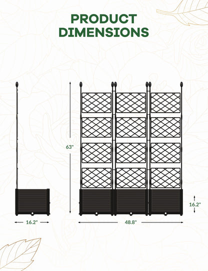 BouPower 3pcs Raised Garden Bed with Trellis, 63" h Tall Vertical Planter Box for Climbing Plants, Outdoor Garden Planter Box with Drainage Holes & Privacy Screen for Patio Balcony, Black