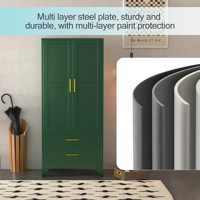 erosoei Metal Armoire Wardrobe Closet, 71 "Metal Clothing Storage Cabinet | with Adjustable Shelves and Hanging Rod, Household Steel Wardrobe Storage Cabinet with Drawers (armoire-green)
