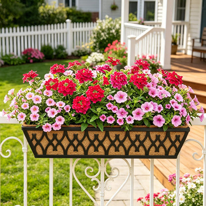 Karlliu 2 Pack 24 Inch Window Boxes Planters Railing Planter Box with Adjustable Brackets for Porch Fence Patio Balcony Hanging Flower Baskets with Coco Liners for Outdoor Garden Décor - Black